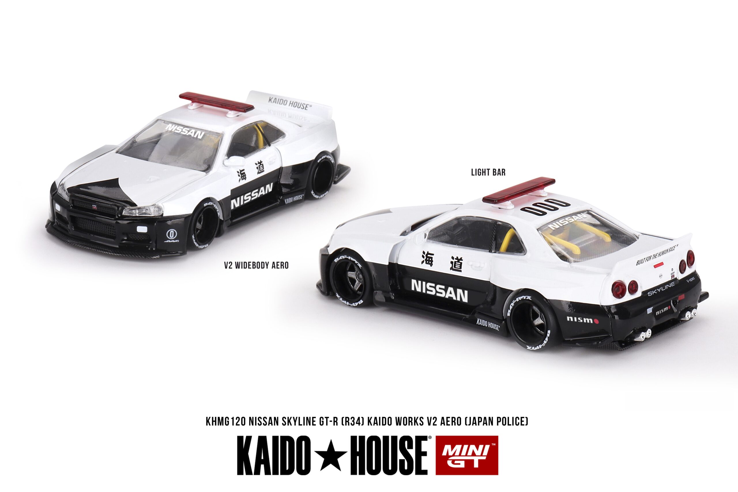 Kaido MiniGt エアロ ポリス スカイライン R34 ピン付き。 1/64 ニッサン スカイライン GT-R R34 KAIDO WORKS V2 AERO JAPAN